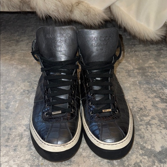 Jimmy Choo Belgravia Black Croc Embossed Leather High Top Sneakers Size EU 48 - Picture 2 of 11